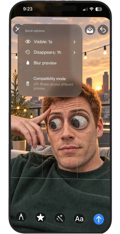 Mugula send options: visible for 1 second, disappears after 1 hour, blur preview